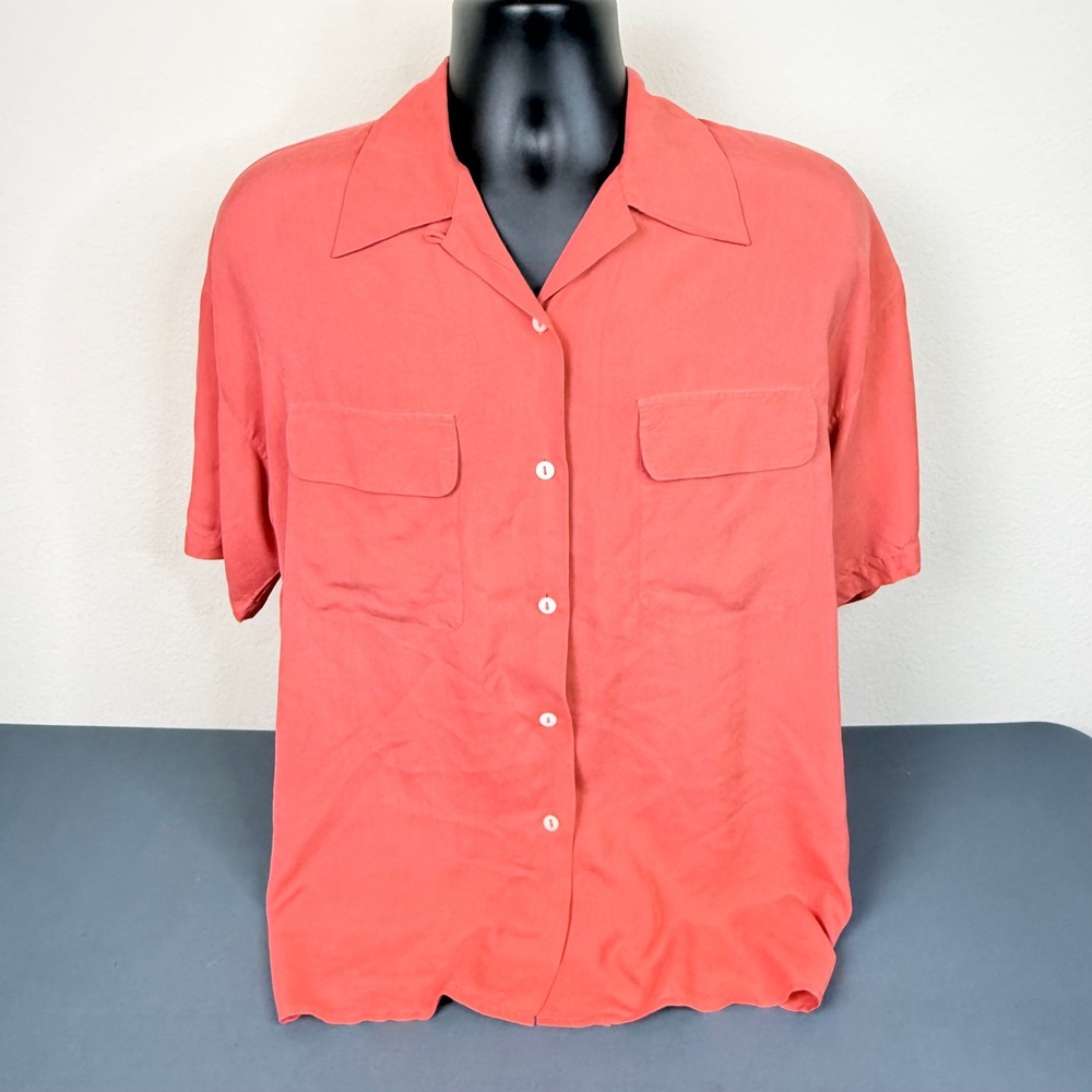 Leilei Shirt Men's S Coral Pink 100% Silk Short Sleeve Button Up Camp Collar